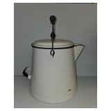 Vintage White Enamelware kettle with Lid and Wood