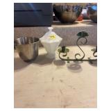 Metal Cup, Milk Glass Dish, and Candle Holder