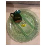Green Glass Platter and Ceramic Pitcher