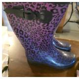Purple Leopard Print Rain Boots, Size 8