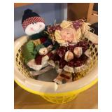 Decorative Snowman and Doll Lot in Basket