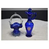 Cobalt Blue Glass Avon Bottle and Cute Basket