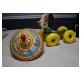 Vtg Metal Spin T op and Fisher Price Wobbles Dog T