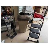 Utility Items Including Step Ladder and Trash Can