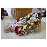 Vtg Quilt Top, Basket, and Sewing Accessories