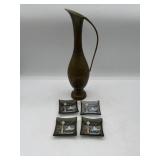 Engraved Brass Pitcher and Glass Dish Set