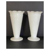 Pair of Vtg Hobnail White Milk Glass Vases 9.5"