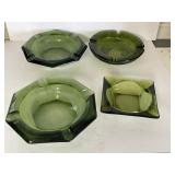 4 Vtg Green Glass Ash Trays
