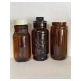 3 Vtg Brown Glass Canisters