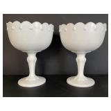 2 Indiana Teardrop White Milk Glass Compotes