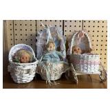 3 Wicker Cradle Dolls with Accessories