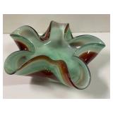 Vtg Murano Hand Blown Glass Bowl Teal & Red