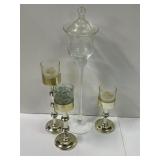 3 Brass Candle Sticks & Clear Glass Candle Votive