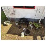 Garden Decor Lot with Black Metal Bench & Planters