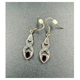 Sterling Silver 925 Dangle Earrings with Red Stone