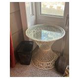 Wicker Side Table with Glass Top & Wastebasket
