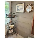 Wrought Iron Corner Shelf with Print & Ornate Roun