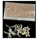 Vtg Card Holder w/Enamel Accents