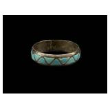 Vtg Silver Turquoise Inlay Band ï¿½ Signed, Sz13
