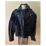 Vtg Black Leather Fringe Jacket