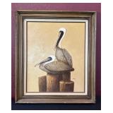 Vtg Painting of Pelicans on Canvasï¿½27ï¿½31.5