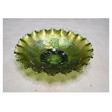 Green Carnival Glass Grape & Cable Bowl