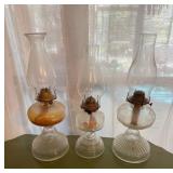 Three Vtg Glass Oil Lamps Three Vtg Glass Oil Lamps