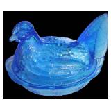 Vtg Blue Glass Nesting Hen Dish Vtg Blue Glass Nesting Hen Dish