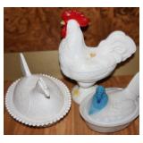 Vtg Milk Glass Neshing Hens & Rooster Vtg Milk Glass Neshing Hens & Rooster