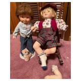 Two Vtg Porcelain Dolls with Chair Two Vtg Porcelain Dolls with Chair