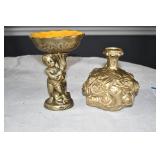 Vtg Gold Ceramic Cherub Candy Dish & Vase