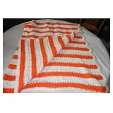 Vtg Orange and White Crocheted Afghan