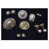Gold-tone & Pearl Earrings & Scarf Clips