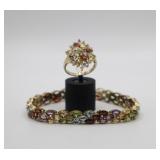 Gold-tone 925 Colorful Stone Bracelet & Ring