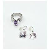 925 Purple Stone Ring & 925 Earrings