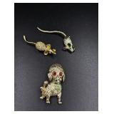 Vintage Poodle & 2 Mice Brooch Pins