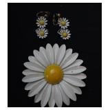 Metal Enamel Daisy Brooch & Earrings