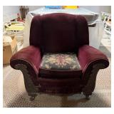 Vtg Burgundy Velvet Armchair w/Carved Wood Accents