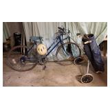 Vtg bicycle & old golf bag w/pull cart