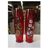 Pair of Red Glass Hand Painted Vases
