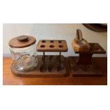 Vtg Wooden Pipe Stand W/Tobacco Jar