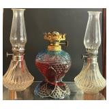 Three Vtg Glass Oil Lamps