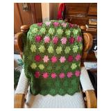 Green Knitted Throw Blanket with Floral Design