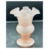 Fenton Pink Glass Vase with Ruffled Rim