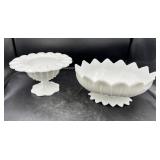 Two White Milk Glass Pedestal Bowls