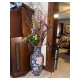 Large Floral Porcelain Vase with Faux Florals