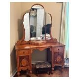 Wood Vanity Table with Mirror and Stool