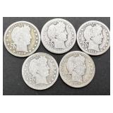 5pc Barber Silver Quarters Var. Dates