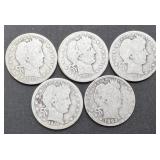 5pc Silver Barber Quarters
