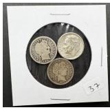 3pc Silver Dimes - Barber And Roosevelt